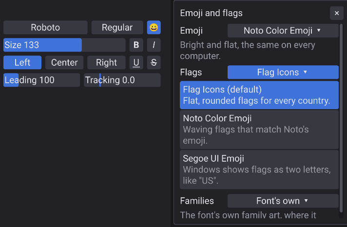 Total Draw's Emoji and flags panel open beside the text tool, with dropdowns for Emoji, Flags and Families