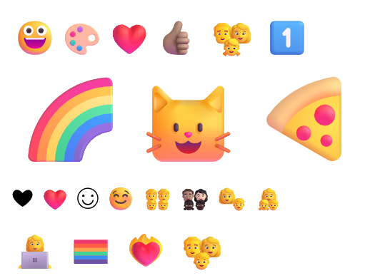 Emoji in Windows 11's Segoe UI Emoji, with soft gradients: a grinning face, a palette, a heart, a thumbs-up, a family, a rainbow, a cat and a pizza slice