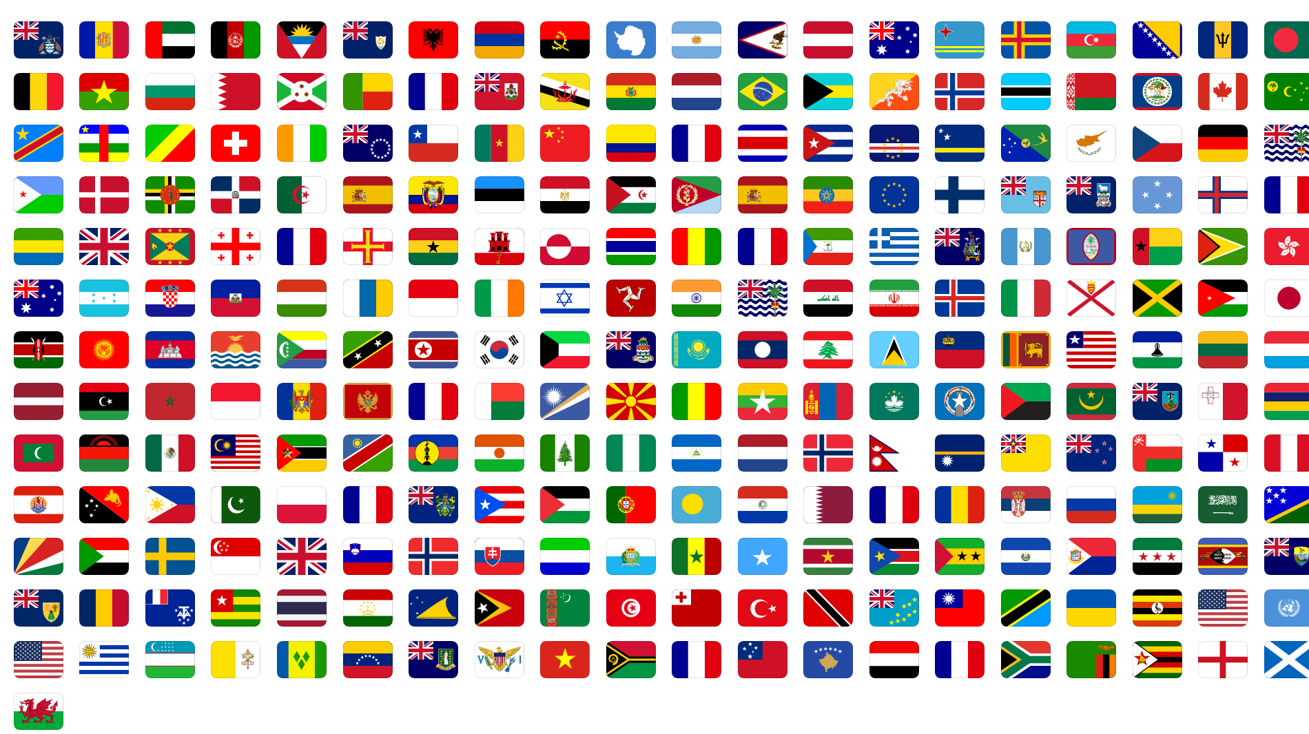 All 261 flags in the Flag Icons font, in rows of twenty